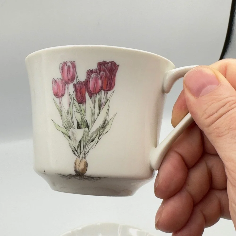 Mann Fine China Tulip Botanical Tea Cup and Saucer Set Vintage White Pink Floral